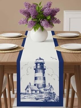 Coastal Lighthouse Table Runner in Blue & Ivory